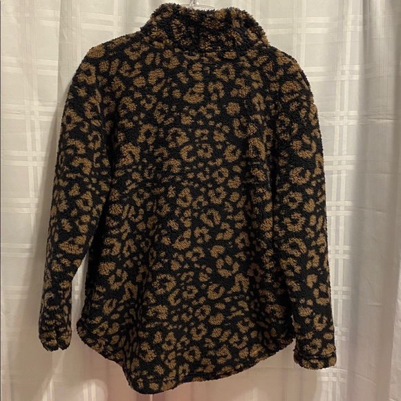Koolaburra by Ugg Black & Brown Leopard Animal Print Fleece 1/4 Zip Teddy Jacket - Picture 3 of 4